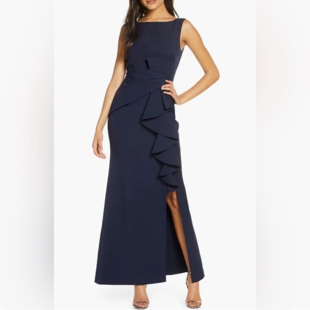 NWT Eliza J Ruffle Front Gown Navy 2